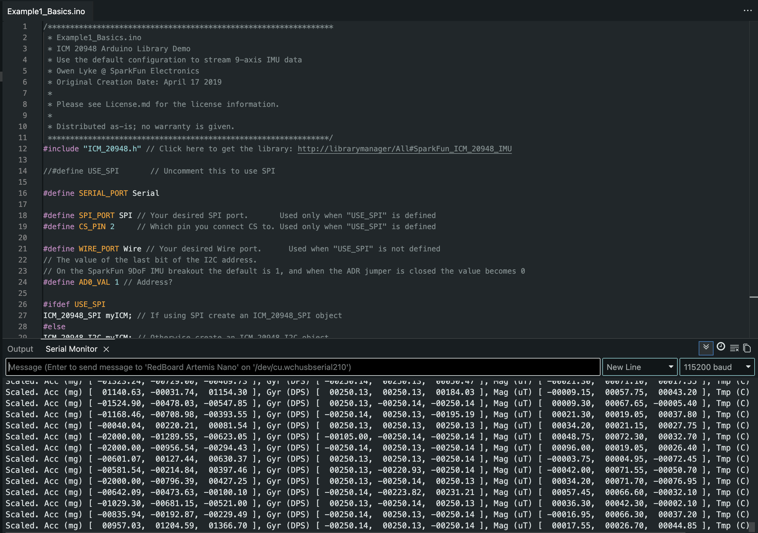 SparkFun example output or code working